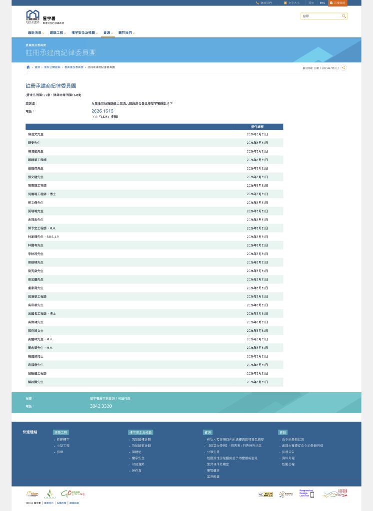 「註冊承建商紀律委員會」只顯示名字。