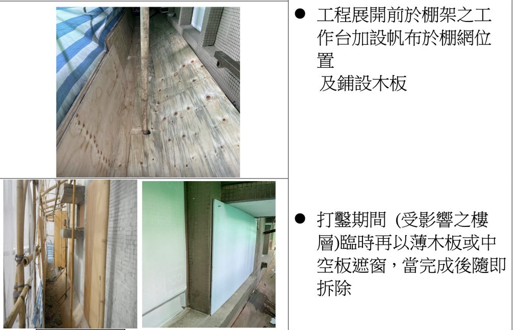 2024年10月2日承建商向居民發出「外牆施工(保護措施及打鑿)」通告,將會發泡膠板封窗,以作保護。通告中亦透露會以「薄木板或中空板遮窗」。(資料來源:宏福苑法團網頁)