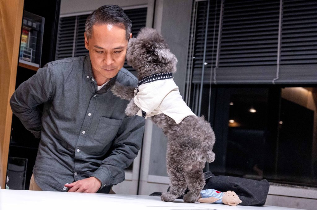 區焯文從毛守領養回家的愛犬「豆丁」。（劉彥汶攝）